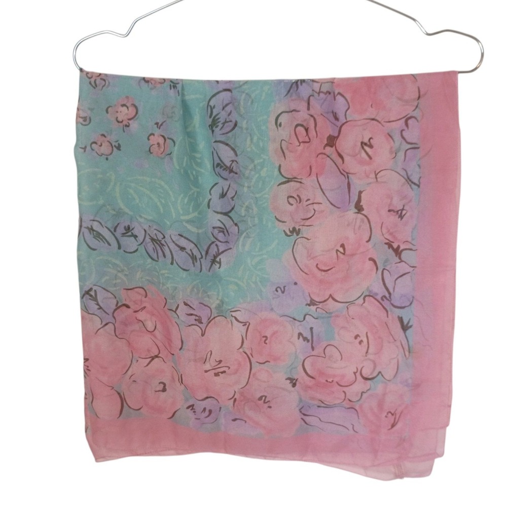 Vintage Style Pink Mint Floral Square Scarf Sheer Watercolor Rose Print 32x32